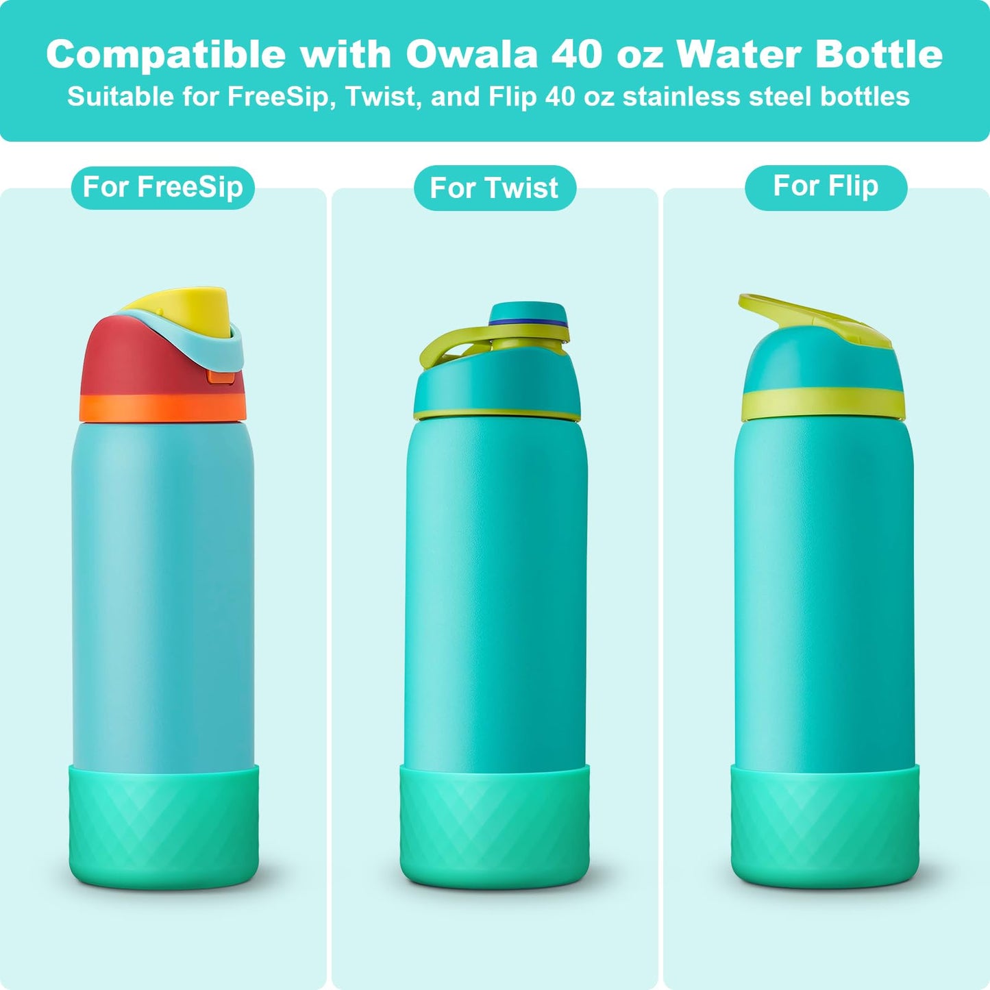 Alwenid 2PCS Silicone Water Bottle Boot for Owala 40 Oz, Anti-Slip Protective Sleeve Bottom Bumper Protector for FreeSip, Twist, and Flip Stainless Steel Water Bottles (Cyan)