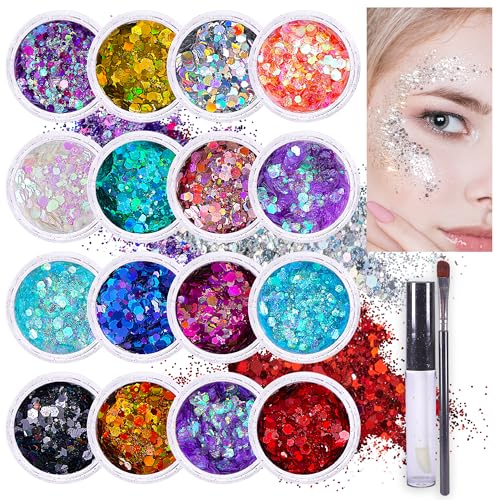Body Glitter Set – 16 Colors Holographic Festival Makeup with Glue