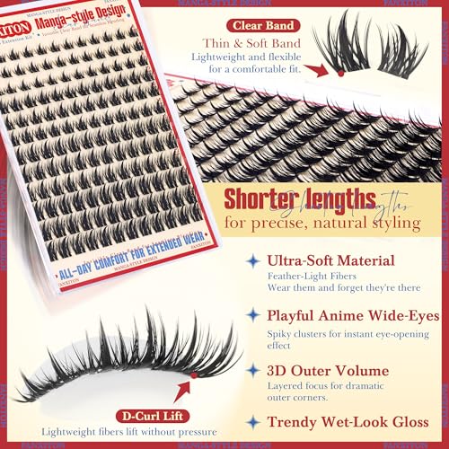 Fairy Lash Clusters with Spikes Eyelash Extensions Wispy Manga Lashes Individual Lashes Extension 8-14mm DIY Soft Eyelash Clusters 144Pcs Lash Clusters Kit DIY at Home by FANXITON