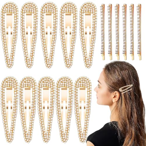 16Pcs Rhinestone Snap Hair Clips, Water Drop Crystal Snap Hair Barrettes, Glitter Shining Metal Snap Hair Clips, Glittering Hairpins Headwear Hair Accessories for Girls Women