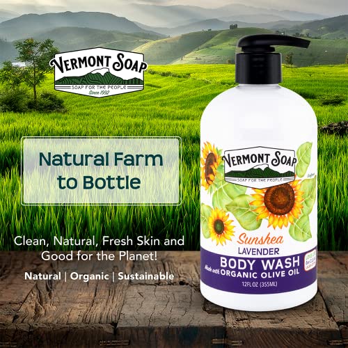 VERMONT SOAP Body Wash, Natural Body Wash with Shea Butter, Mild Gel Body Wash for Moisturizing and Soothing Skin, Fragrance Free Body Wash for Women & Men (Lavender Ecstasy, 12oz)