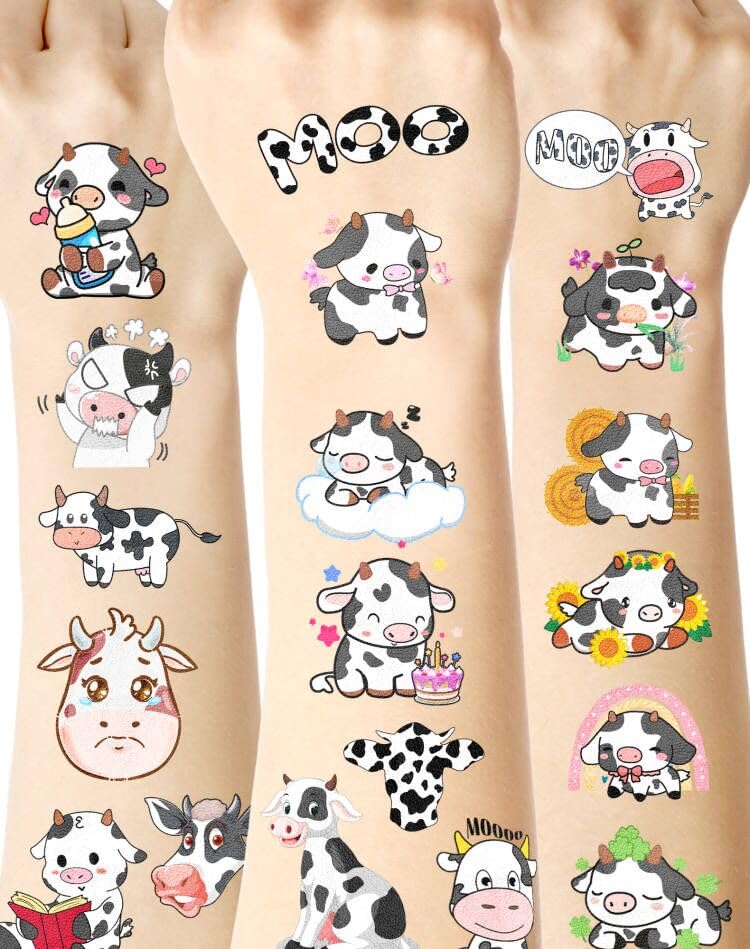 152 Piece Cow Temporary Tattoos, 16 Sheet Party Favors