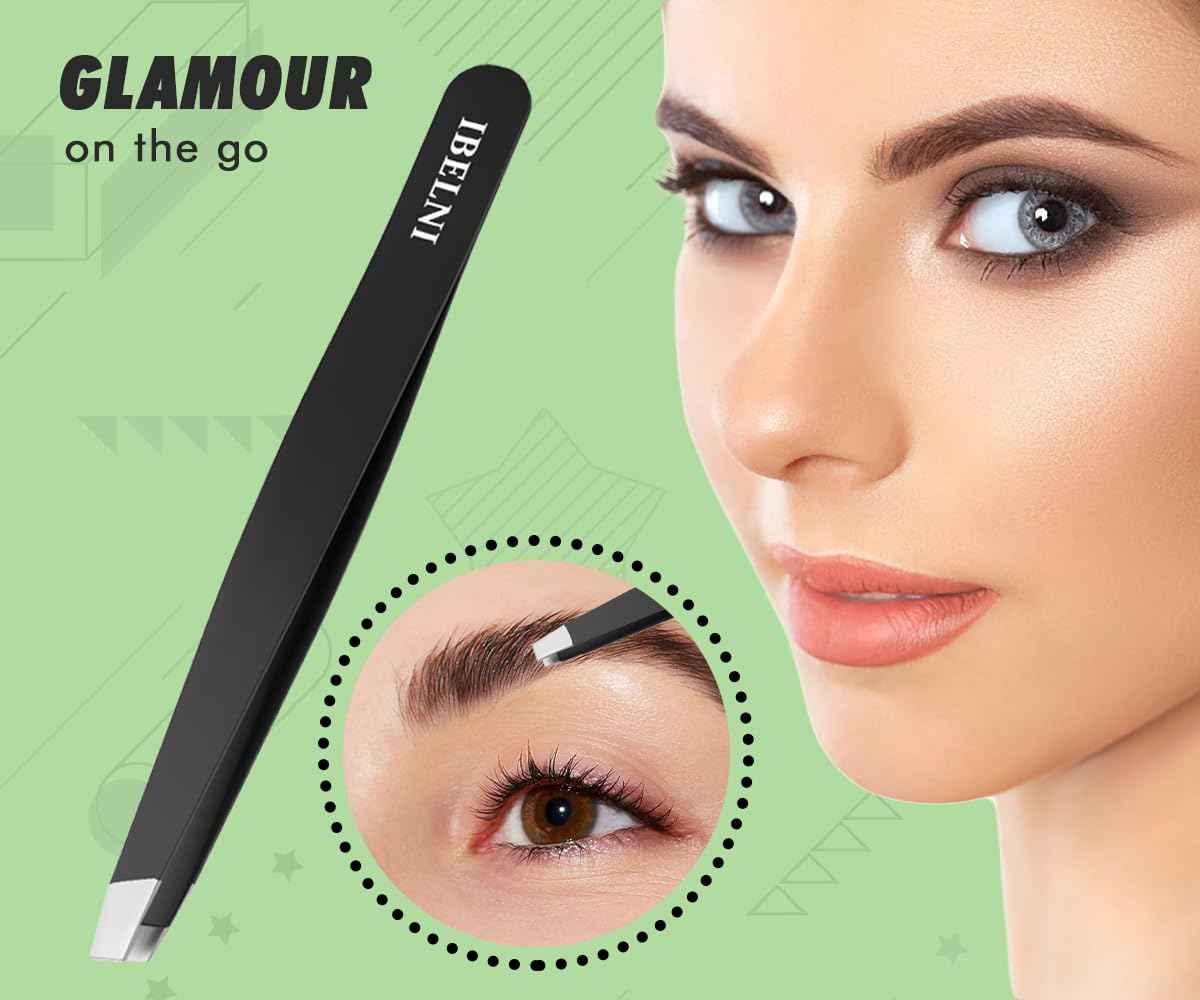 Tweezers Set with Mirror Case - Tweezers for Women facial hair-Professional Twizzers Facial Hair Tweezers for Eyebrows- Stainless Steel Tweezer kit with mirror compact (Black)