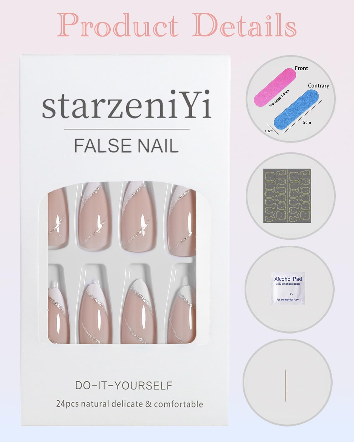 StarzeniYi French Tip Press on Nails, Almond Press on Nails Medium, Reusable Artificial Fake Nails, Full Cover False Nails for Women(White Gold）