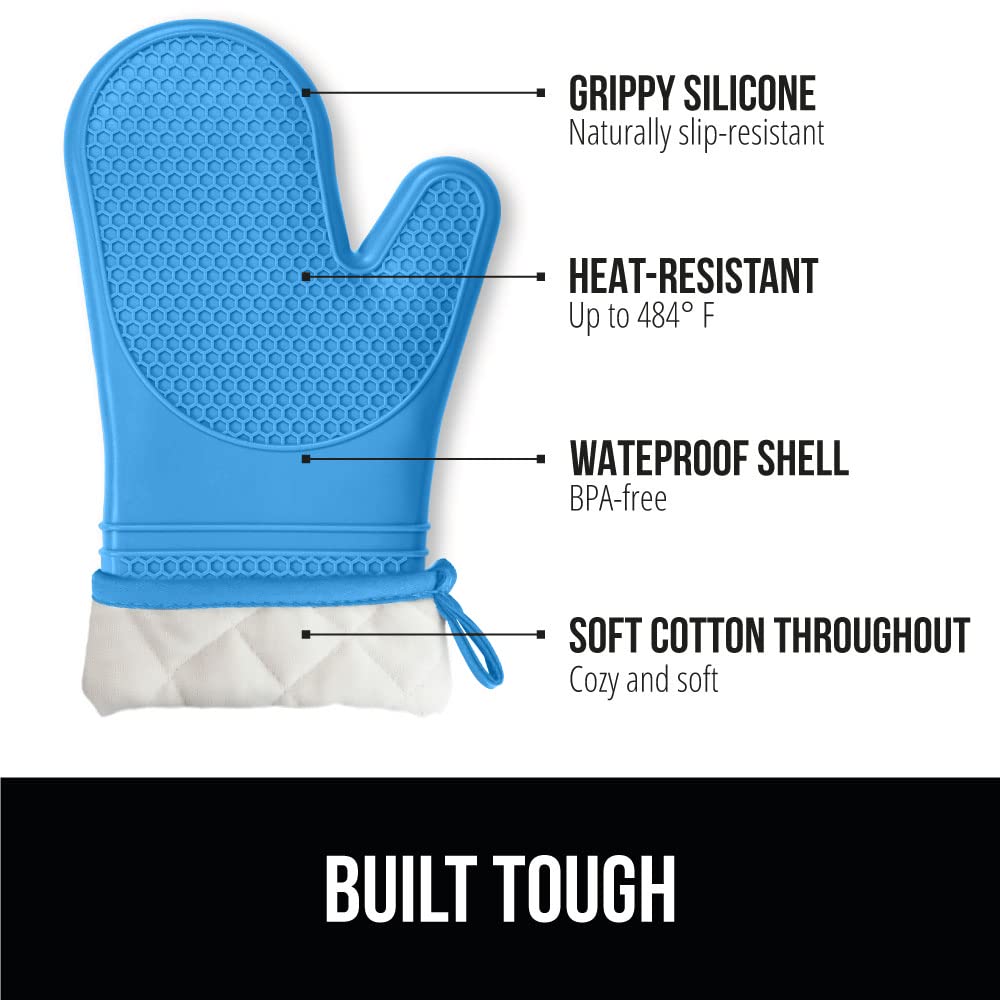 Gorilla Grip Heat and Slip Resistant Silicone Oven Mitts Set, Soft Cotton Lining, Waterproof, BPA-Free, Long Flexible Thick Gloves for Cooking, BBQ, Kitchen Mitt Potholders, 12.5 in, Aqua