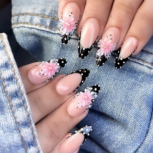 Medium Black & White Polka Dot French Tip Press on Nails with Flowers