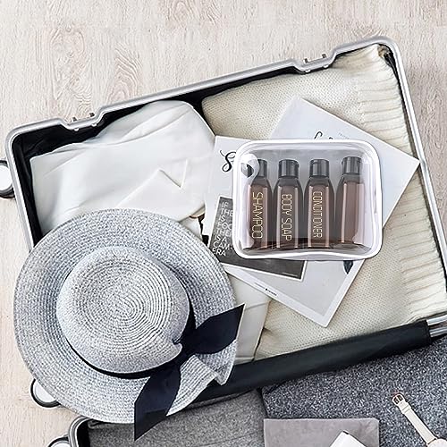 Cosywell 4 Pack 3.4 oz Travel Bottles with Labels - Leakproof TSA Approved Toiletry Containers - Brown, 3 Labeled + 1 Blank