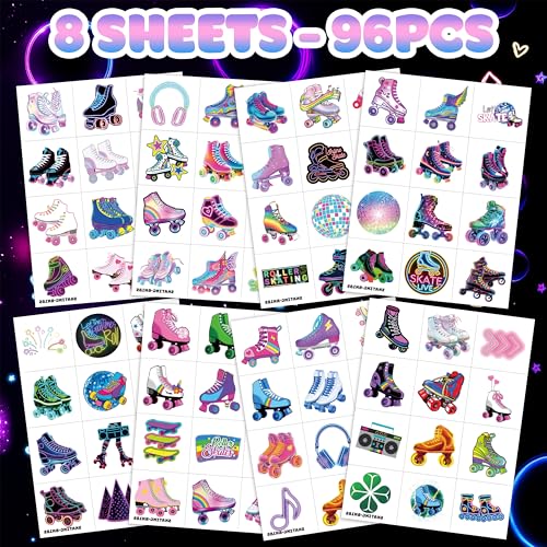 8 Sheets (96PCS) Neon Roller Skate Temporary Tattoos 80s 90s Theme Birthday Party Decorations Supplies Favors Stickers for Kids Girls Boys Gifts Classroom School Prizes Rewards