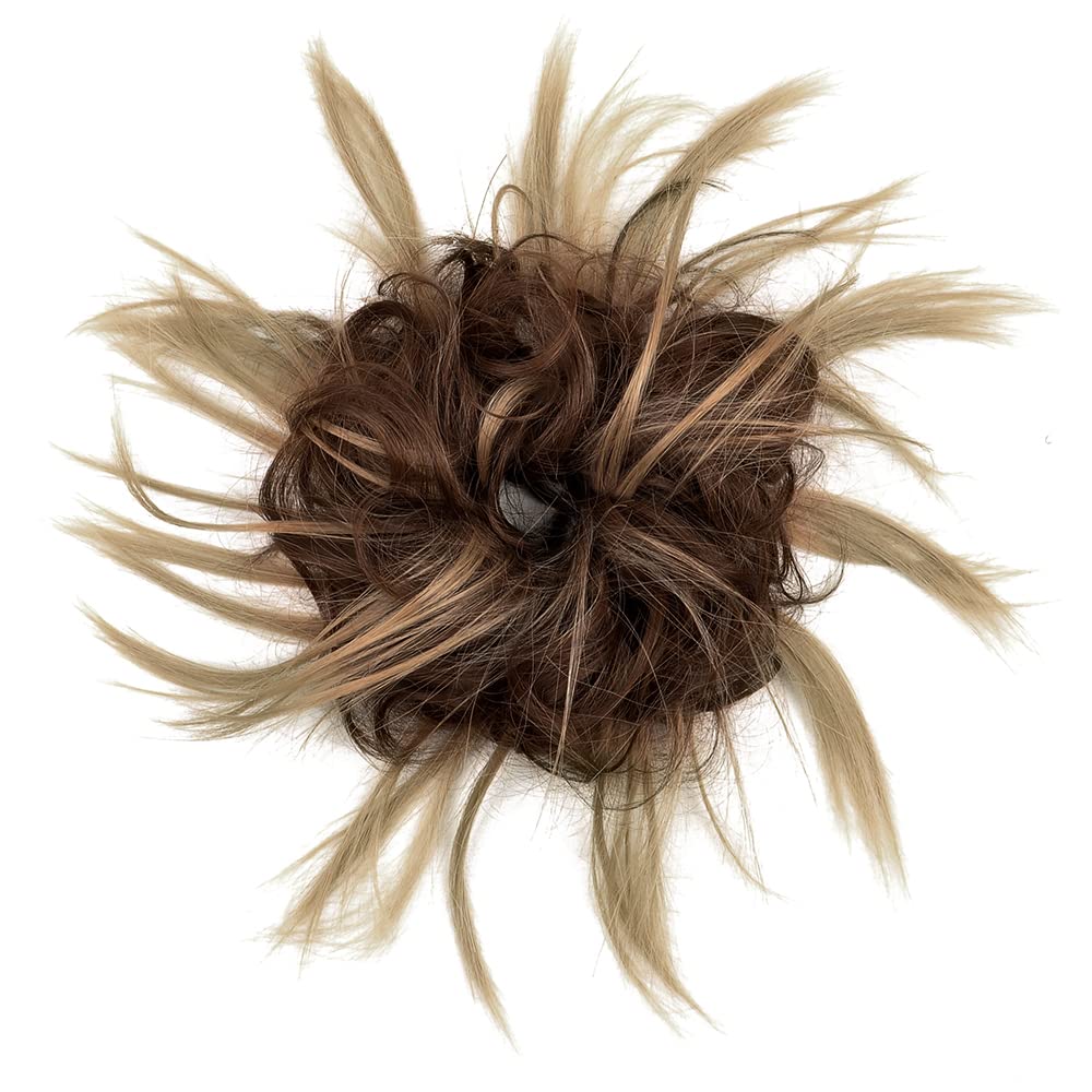 KETHBE Messy Bun Hair Piece,Synthetic Tousled updo Hair Buns Hair Piece Short Ponytail Faux Hair Scrunchie Extension with Elastic Rubber Band Fake Hair Bun Pieces for Women (Brown Mix Ash Blonde)