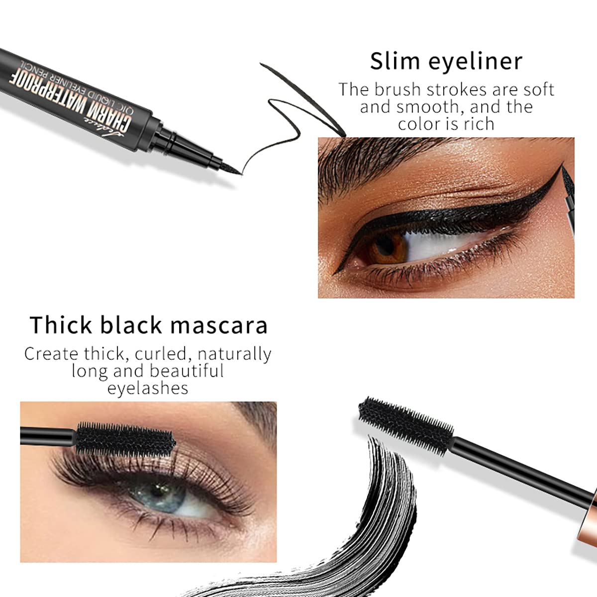 4D Silk Fiber Lash Mascara & Eyeliner Pen, Extension Voluminous Fiber Mascara Waterproof & Smudge-Proof Eyeliner, Long-Lasting No Flaking Natural No Clumping, All Day Exquisitely Full