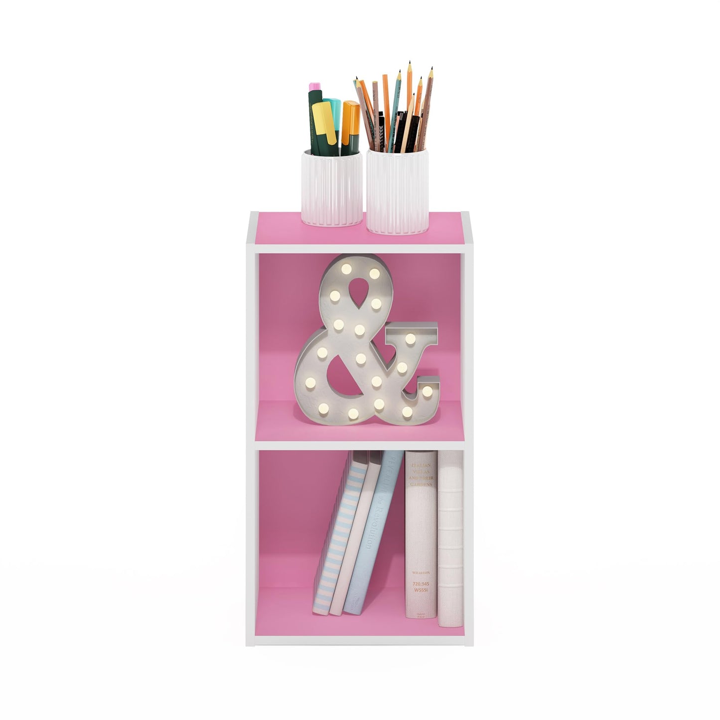 Furinno Luder Bookcase / Book / Storage, 2-Tier Cube, Pink/White