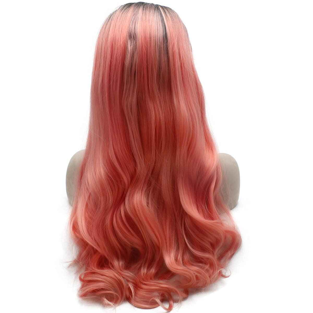 MX angel Long Black Roots Pink Hand Tied Synthetic Wig Lace Front Heat Resistant Fiber Hair