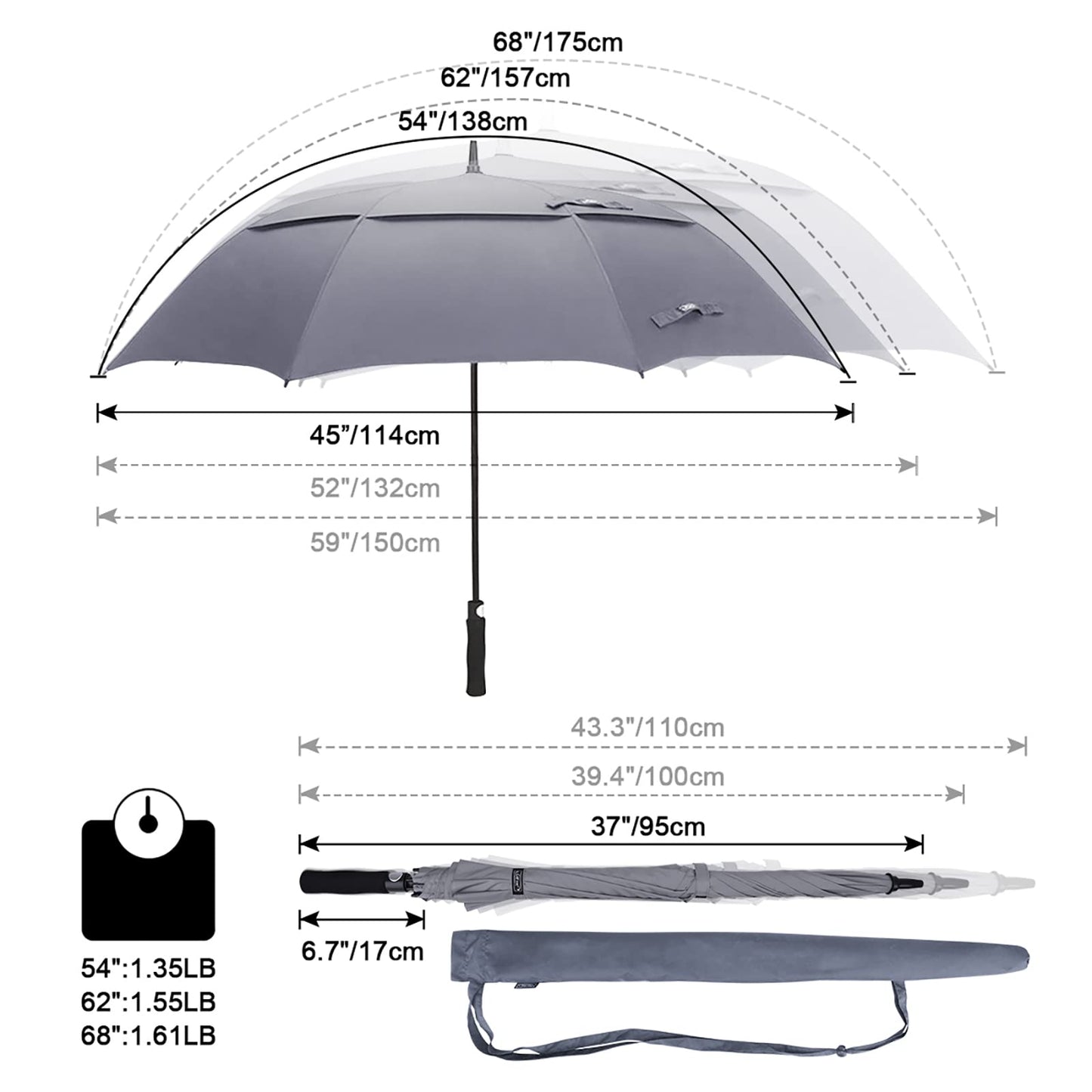 G4Free 54 Inch Semi-Automatic Open Golf Umbrella Extra Large Oversize Windproof Double Canopy Vented Waterproof Stick Umbrellas Gray