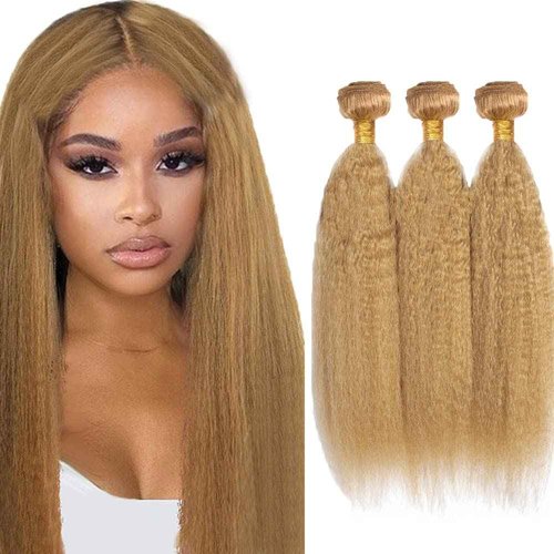 Color #27 Bundles Blonde Kinky Straight Human Hair Bundles 26 28 30 Inch Brazilian Unprocessed Virgin Hair 3 Bundles Color #27 Yaki Straight Bundles Human Hair Honey Blonde Bundles Hair Extensions