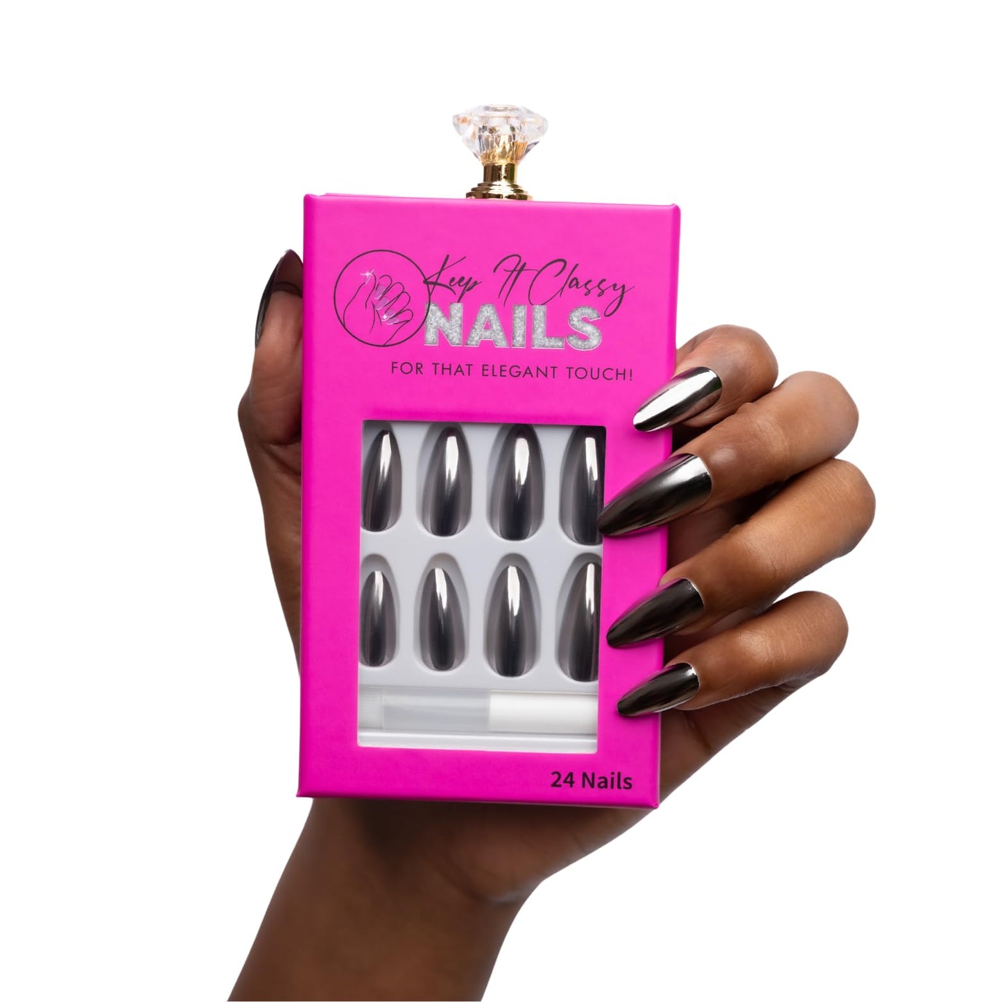 Keep It Classy Press-On Nails Kit || Variety of Sizes & Colors || Reusable, Vegan, Non-Toxic, Easy Application || 24 Nail Kit || (Variety of Sizes & Colors) (Chrome Silver, 1 Count (Pack of 1))