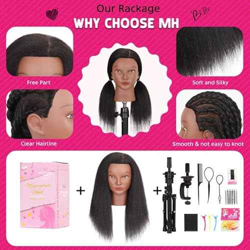 Mannequin Head with Human Hair 16" Cosmetology Manikin Doll Head 100% Real Human Hair for Styling Hairdresser Practice Braiding with Tripod Set