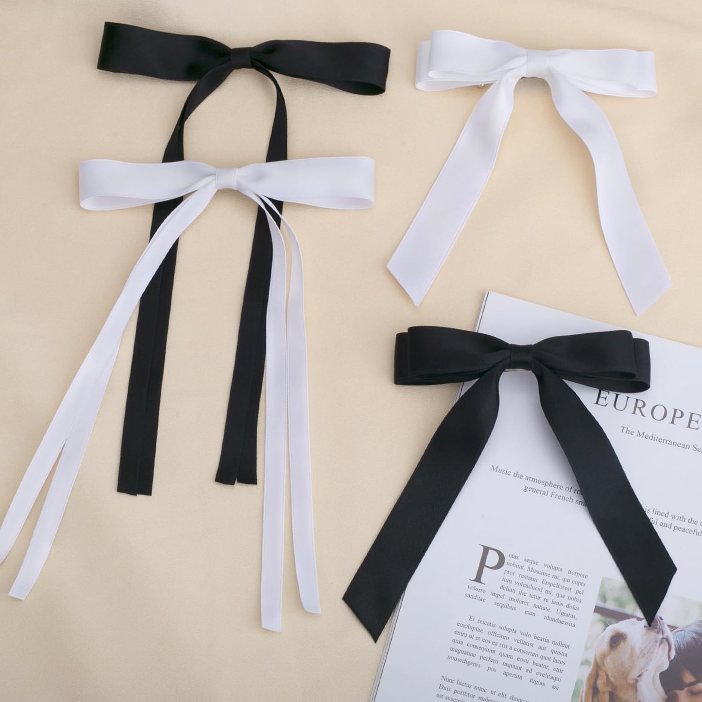 Deoot 6 PCS Hair Bows Cute Hair Clips for Women Girls Tassel Ribbon Bowknot Hair Clips, Black and White, Hair Accessories for Women Girls