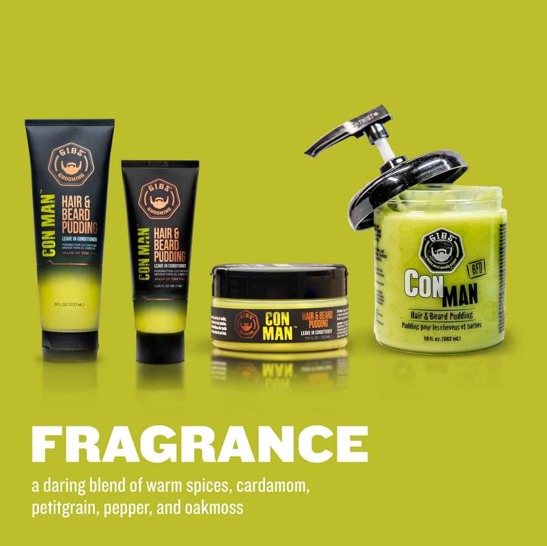 GIBS Con Man Hair & Beard Pudding - Leave In Conditioner - Curl Definer - Moisturizer - 8 oz Squeeze Tube