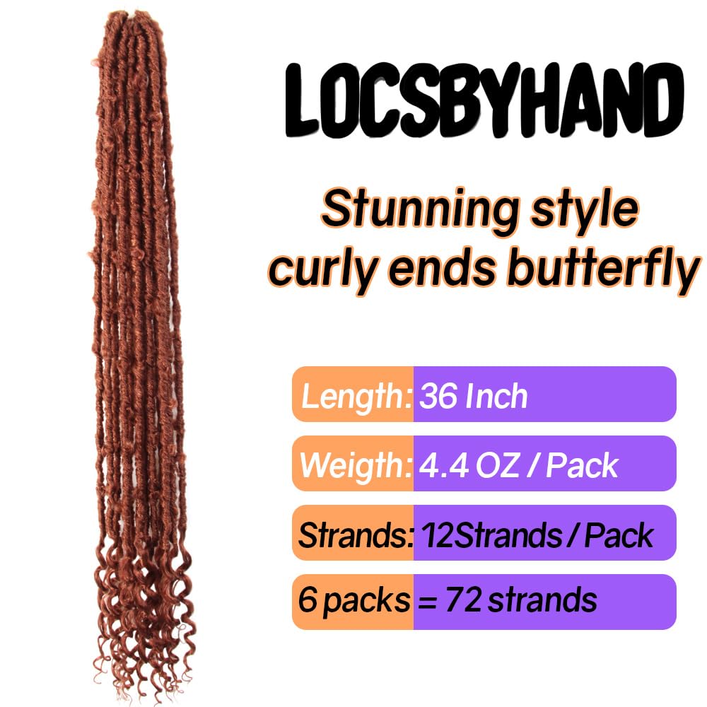 Crochet Butterfly Locs with Curly Ends 36 Inch, Boho Distressed Butterfly Locs Crochet Hair, Ginger Bohemian Goddess Faux Butterfly Braids with Curly Ends (6 Packs, 350#)