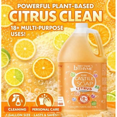 Brittanie's Pure Organic Castile Soap Refill, 1 Gallon Citrus | Liquid Soap for Face, Body, Hands, Dishes, Pets, Laundry | Vegan, Non-GMO, Gluten-Free, Biodegradable | Made in USA