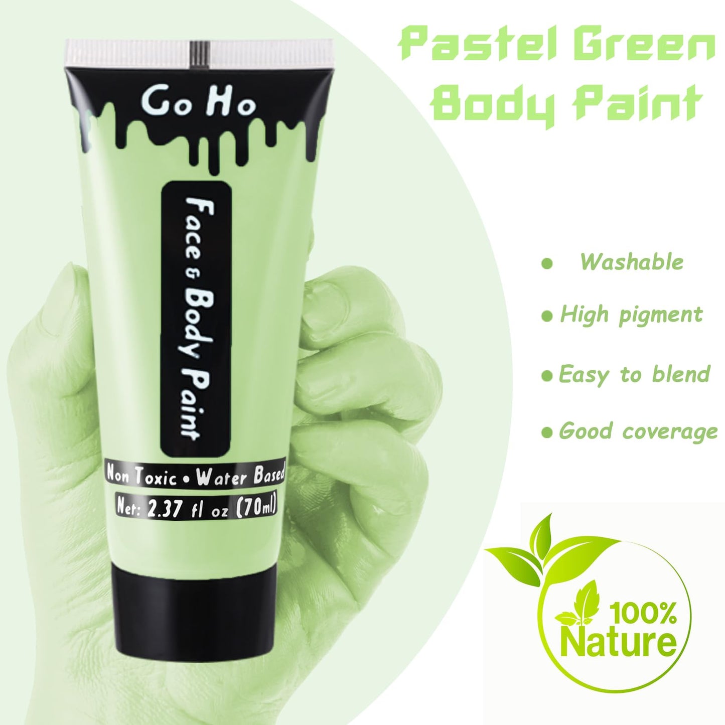 Go Ho Pastel Green Body Paint Washable(2.37 oz,70 ml),Water Based Cream Pastel Green Face Body Paint for SFX Cosplay Costumes Festivals Halloween Makeup