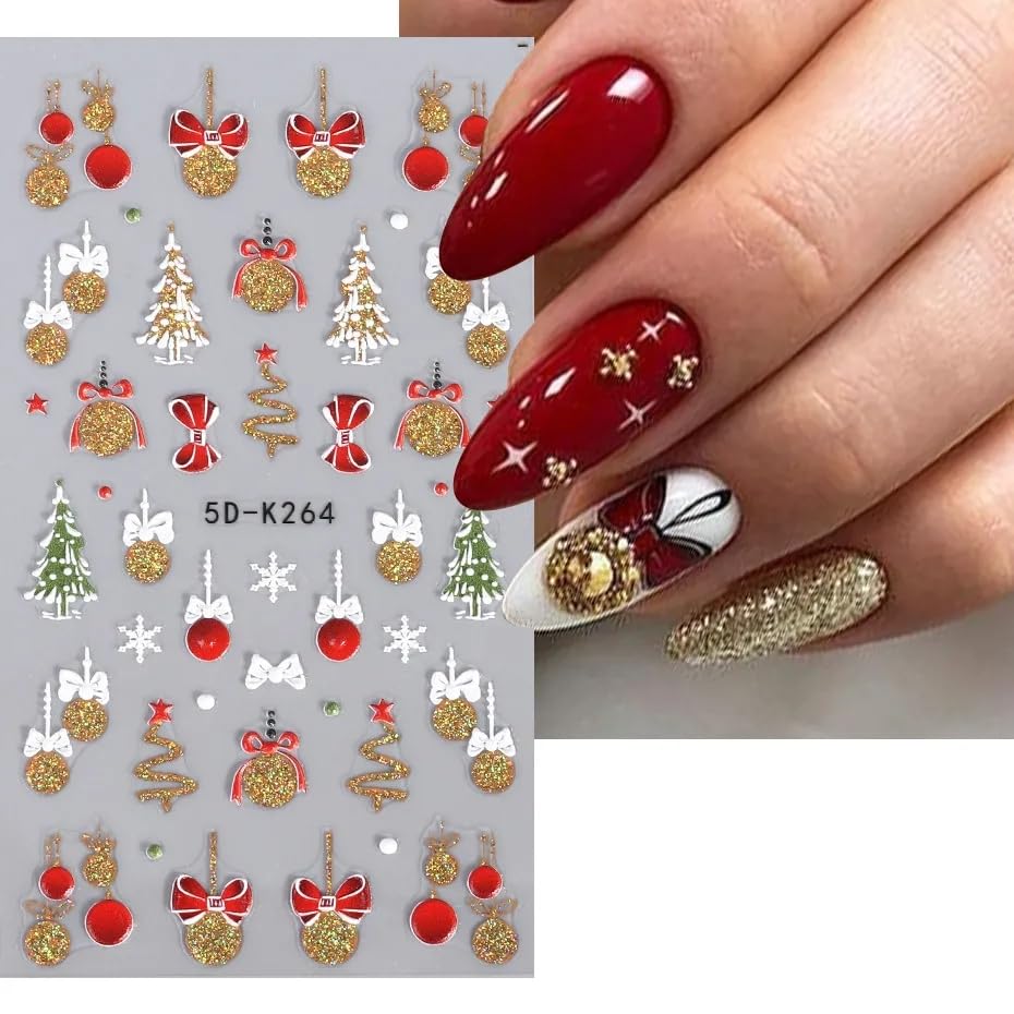 Christmas Nail Art Stickers Winter Snowflake Snowman Nail Decals 5D Acrylic Engraved Nail Stickers Gold Glitter Santa Claus Xmas Tree Christmas Nail Art Supplies Transfer Sticker for Nails Decoration