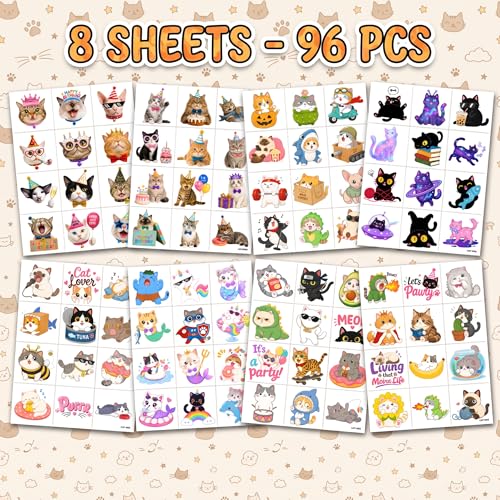 96 Cute Cat Temporary Tattoos for Kids