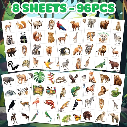 96 PCS Jungle Animal Temporary Tattoos for Kids
