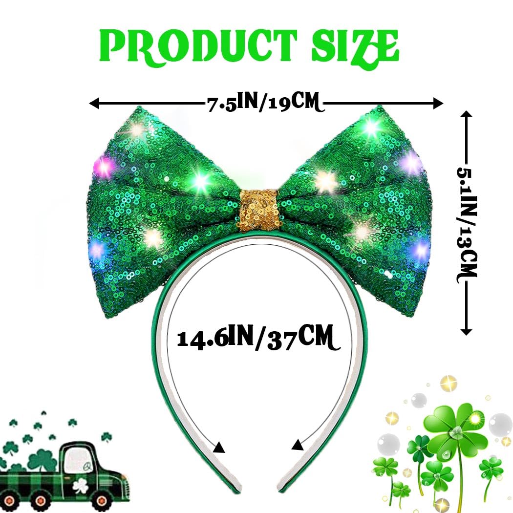 Firuilo Light Up Christmas Green Bow Headbands LED Sequins Bowknot Hair Accessories for Women