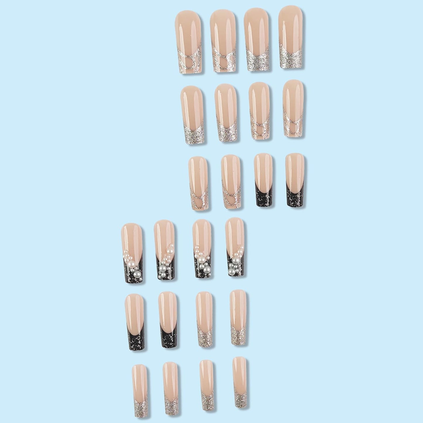 24 Pcs Press on Nails Long Square RIICFDD French Fake Nails Silvery Glitter Lines False Nails Nude Pink Full Cover Glue on Nails Charms Pearl Designs Stick on Nails for Women Girls Nail Art