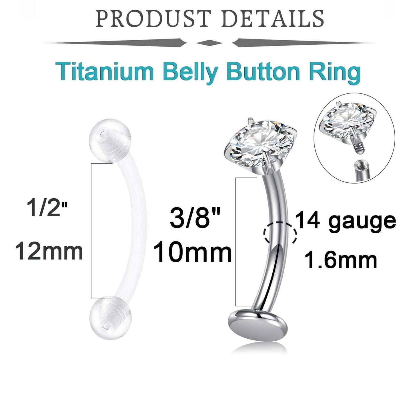QWALIT Titanium Belly Button Piercing Kit Silver Floating Belly Button Piercing Kits Self Belly Piercings Gun at Home Surgical Steel Implant Grade Titanium Belly Rings Flat Back Navel Ring Jewelry