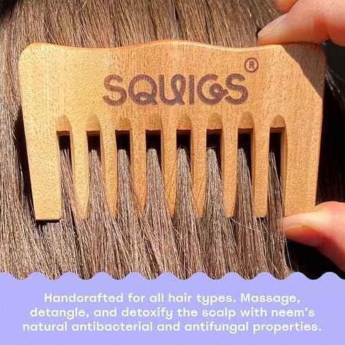 Squigs Beauty Neem Wooden Comb for Women & Men ? Handcrafted Pocket-Sized Wide-Tooth Comb for Hair Detangling, Scalp Massage, Oil Distribution & Anti-Breakage ? Pure Neem Wood for Hair Growth
