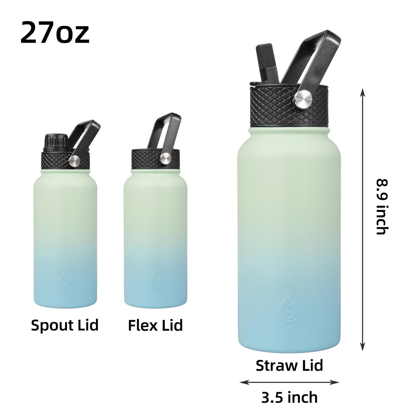 BJPKPK Insulated Water Bottles with Straw Lid, 27oz Stainless Steel Water Bottle with 3 Lids, Leak Proof BPA Free Metal Thermos Mug, Sports Water Bottle Keep Cold & Hot-Mint