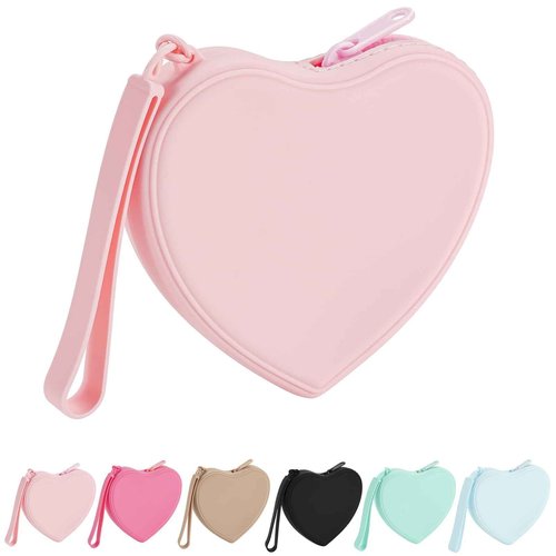 JOVAKIT Small Heart Shaped Portable Silicone Makeup Bag for Women, Travel Waterproof Cosmetic Bag Gifts for Women Girls, Zipper Closure Makeup Case with Handle (Pink)