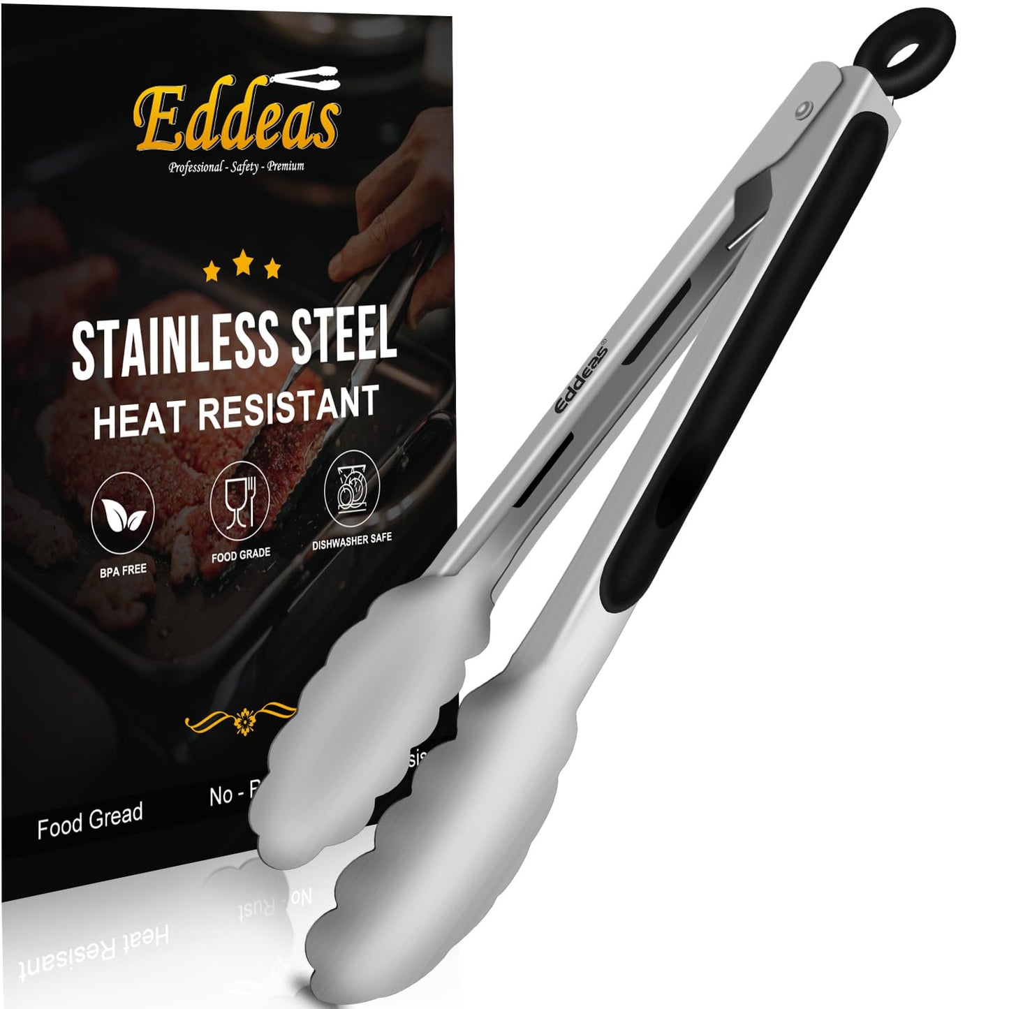 Eddeas Kitchen Tongs - 9 inch Heavy Duty Food Tongs, Ergonomic Grip Superior Stainless Steel and Non-Slip Heat Resistant handle - Perfect for Cooking, Salad, Grilling, Barbecue,Dishwasher safe