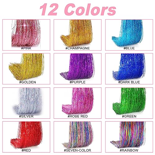 LOMIMOS 12pcs Colorful Hair Tinsel Clip, Sparkle Shiny Highlight Synthetic Extension Strand with Clip On Hair for Party Dazzle Christmas New Year Halloween Festival Cosplay Women Girl Kid 19.7”