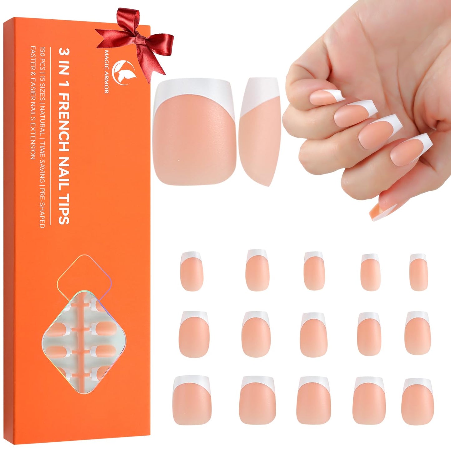 MAGIC ARMOR French Gel Nail Tips, 150PCS Brown French Tip Press on Nails 3 in 1 Soft Gel Fake Nails Pre-Applied Tip Primer & Base Coat,No Need to File Acrylic Nail Tips Kit for Nail Extension 15 Sizes