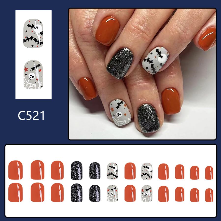 24Pcs Halloween Press on Nails Short Square Fake Nails with Black Glitter Design Halloween Glue on Nails Full Cover False Nails Halloween Nails for Women