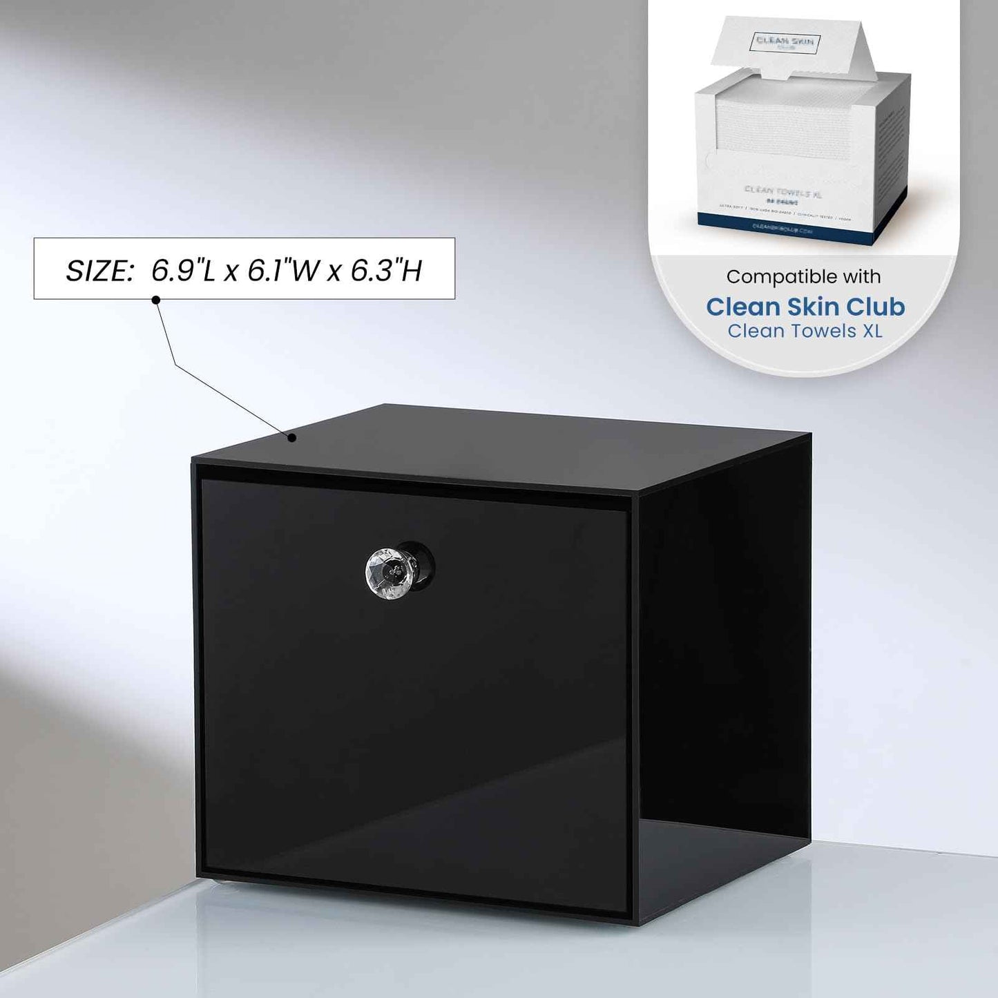 LANDNEOO Disposable Face Towel Container Box Compatible with Clean Skin Club Clean Towel XL, AcrylicTowel Storage Bin with Drawer, Makeup Organizer stackable holder, Ideal for Vanity, Bathroom, Black