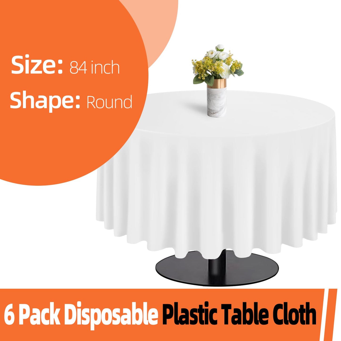 tujol White 6 Pack Plastic Table Cloth 84", Disposable Round Tablecloth Table Cover, Plastic Table Cloths for Parties