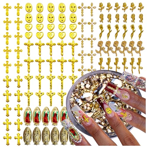 Gehaiwo 112PCS Gold Nail Charms and 1Box Nail Art Rhinestone,Gold Alloy Virgin Mary Cross Rose Nail Decoration for Acrylic Nails, Nail Jewels Accessories for Nail Art Supplies DIY Nail Craft