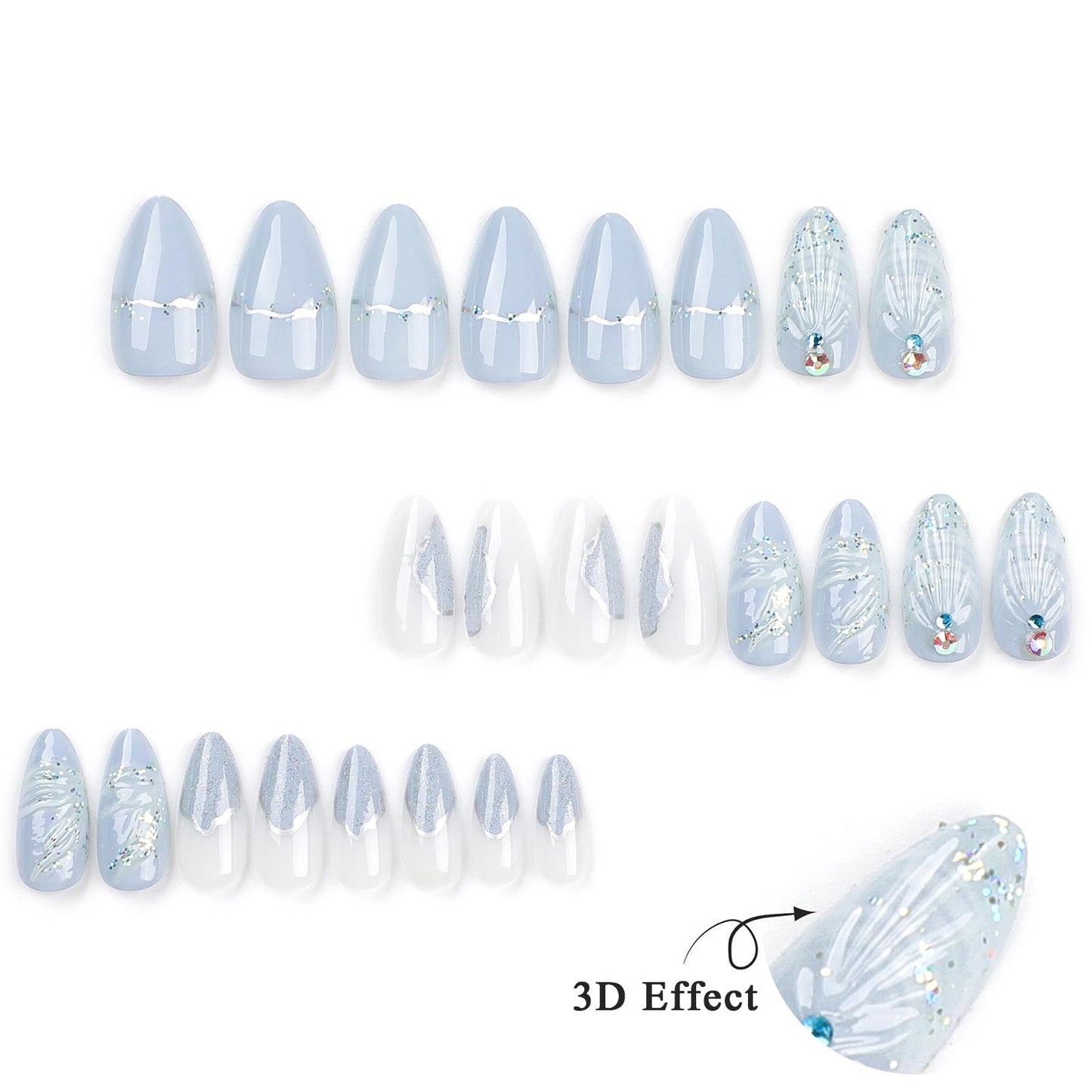 Almond Press on Nails Medium, 3D Shell Rhinestone Fake Nails Light Blue Stick on Nails Star Bling Gem False Nails Acrylic Nails Summer Manicure for Women and Girls, 24PCS