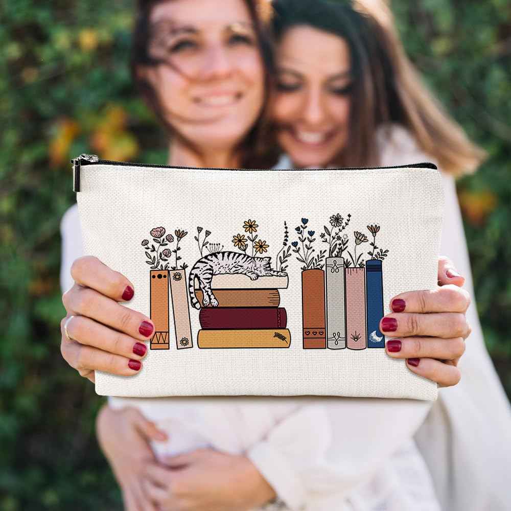 Cute Cat Gifts for Cat Lovers, Makeup Bag Book Lovers Gifts, Bookish Cosmetic Bag Book Club Reading Present for Women Girls Friend Reader Mom Nurse Grandma Birthday Mothers Day Graduation Christmas