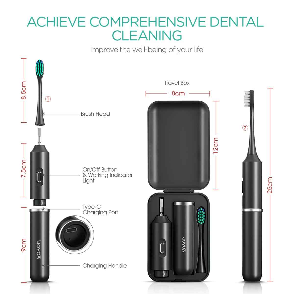 VOYOR-Health Travel Electric Toothbrush, Rechargeable Toothbrushes for Adults, Portable Sonic Toothbrush with 5 Modes, Three-Section Detachable Design with Travel Case ET410 (Black)