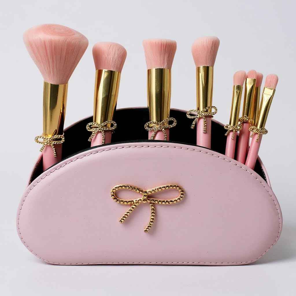 LUXAPE Bow Makeup Brush Set – 9-Piece - Pink bow makeup bag Coquette with Gold Bow & Storage Bag – Beginner Friendly makeup Brushes for Foundation, Contour & More
