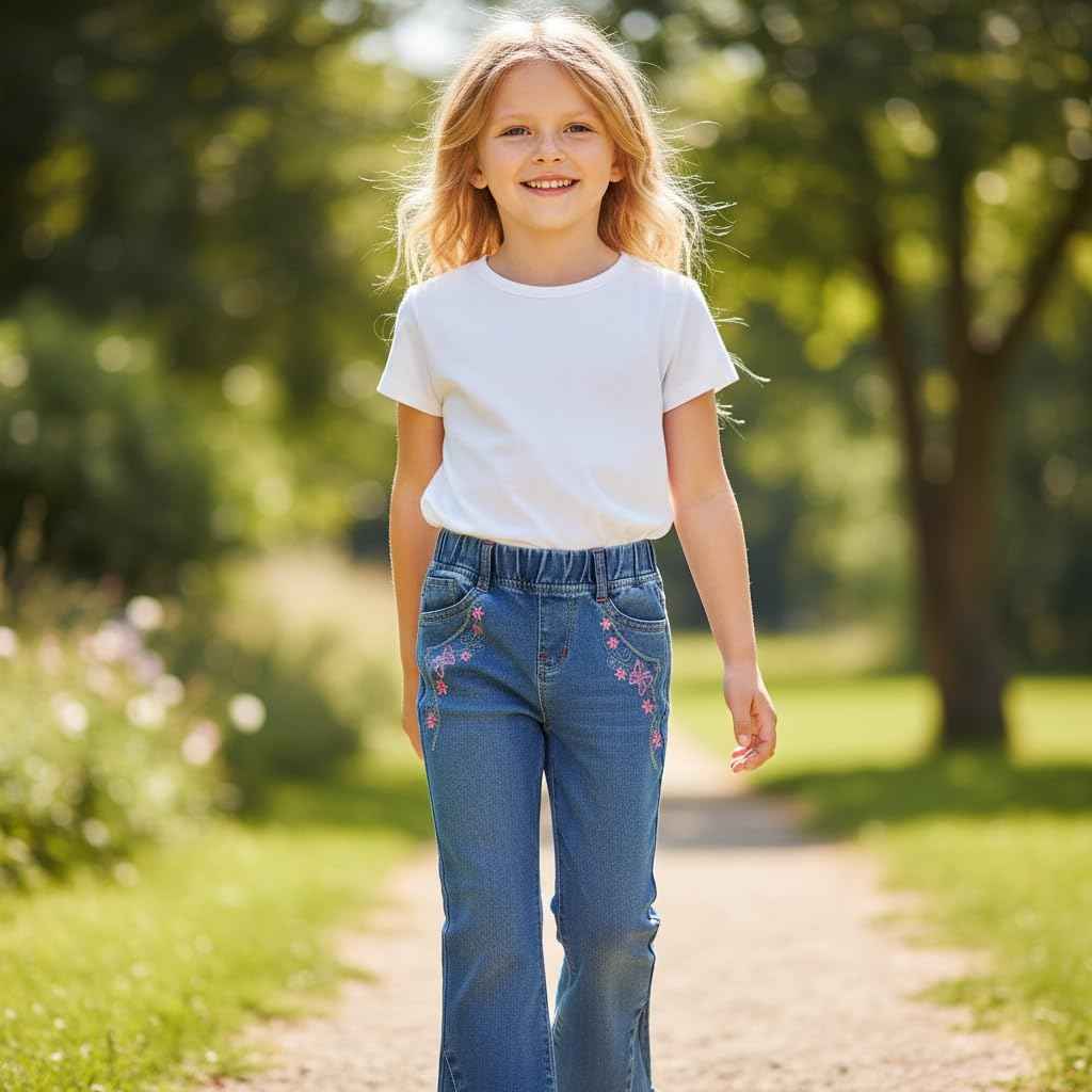 Peacolate 5-10 Years Little Big Girl Embroidered Floral Buttefly Bootcut Jeans(Butterfly,6-7Years)