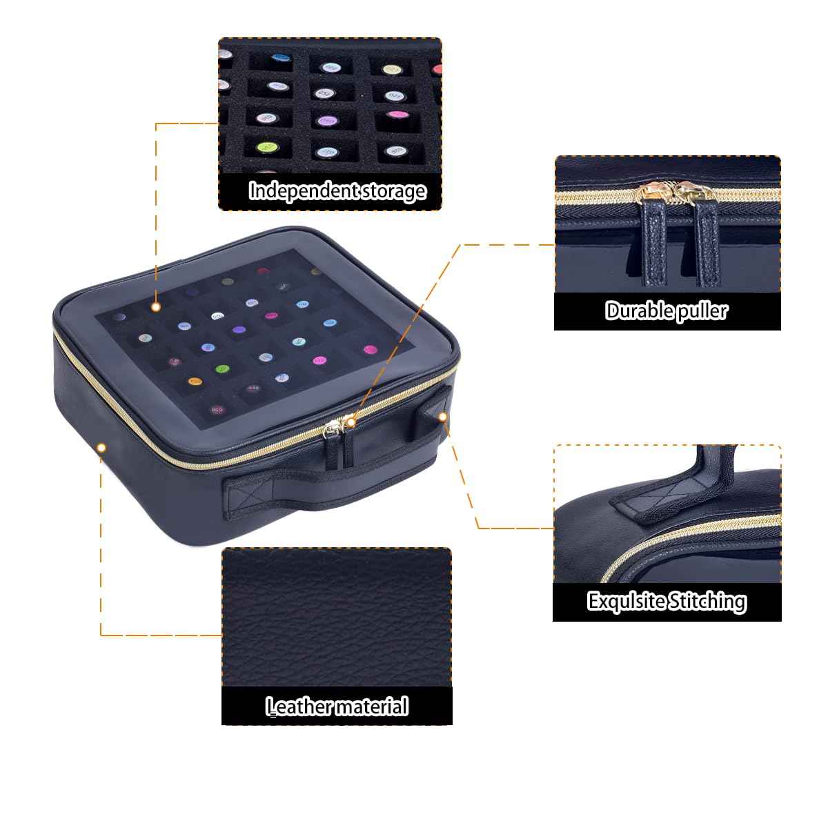 YAHOURWAT Small Clear Nail Polish Organizer Storage Box Hold 42 Bottles (15 ml/0.51 floz) PU Leather Portable Cosmetic Bag with Removable Partition (Black)