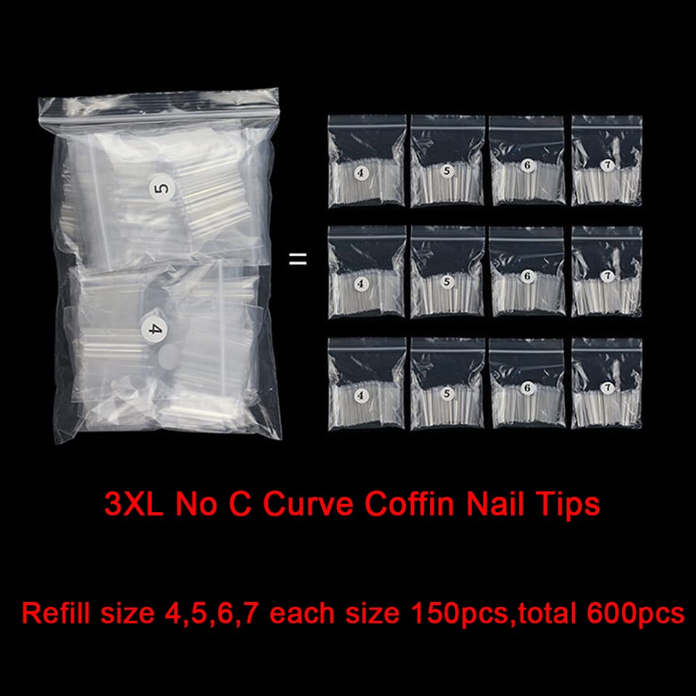 3XL No C Curve Nail Tips, SWETIDY 600Pcs Refill Size of 4,5,6,7 Clear Acrylic Nails Square Shape Nail Half Cover (600Pcs Refill 3XL Coffin)