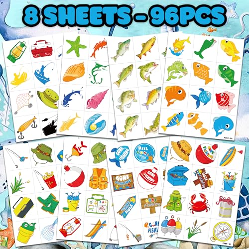 96 PCS Fishing Temporary Tattoos for Kids Party Favors