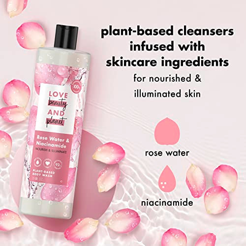 Love Beauty and Planet Plant-Based Body Wash Nourish and Illuminate Skin Rose Water and Niacinamide Made with Plant-Based Cleansers and Skin Care Ingredients, 100% Biodegradable 20 fl oz